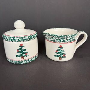 Vintage Furio by La Primula Italy Spongeware Christmas Tree Cream & Sugar Set